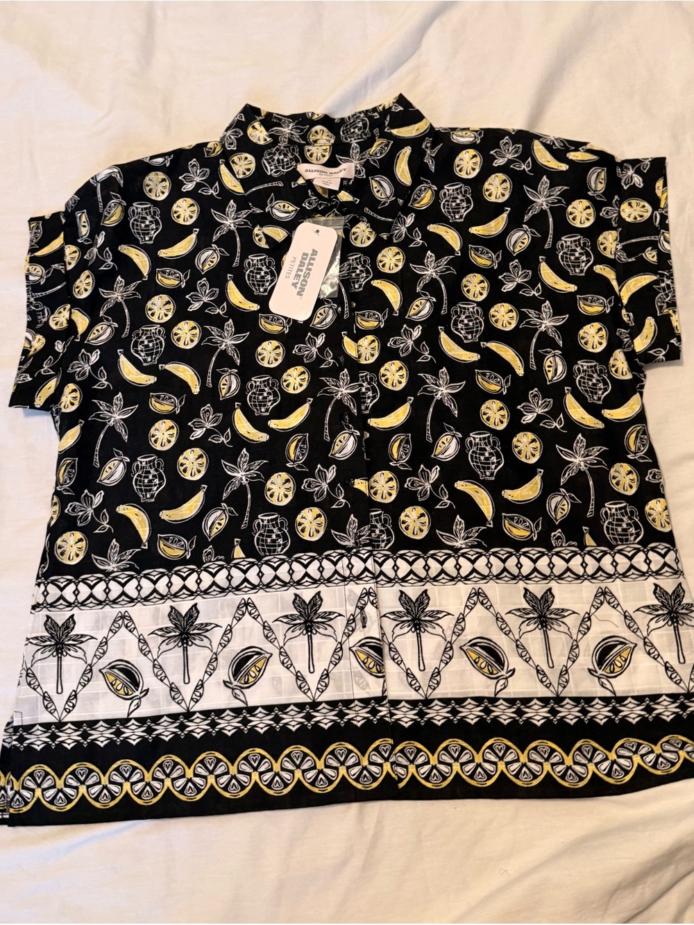 Allison Daley Petites Black Shirt with Yellow & White Tropical Motif